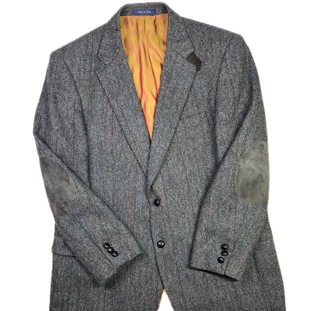 Alan Flusser Size 44R Herringbone Tweed Wool Jacket Elbow Patches